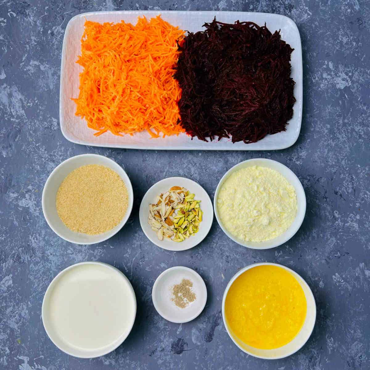 ingredients to make beetroot carrot halwa