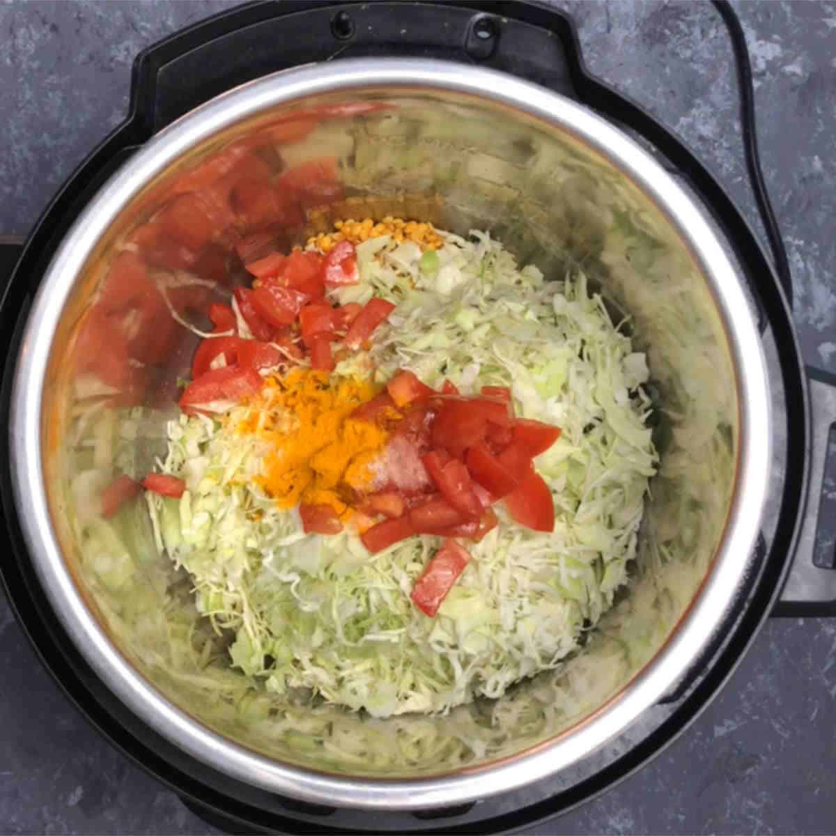 Add dal, cabbage, tomato, turmeric, and salt.