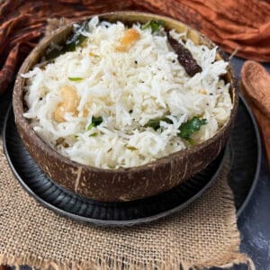 Coconut rice in coconut bowl.