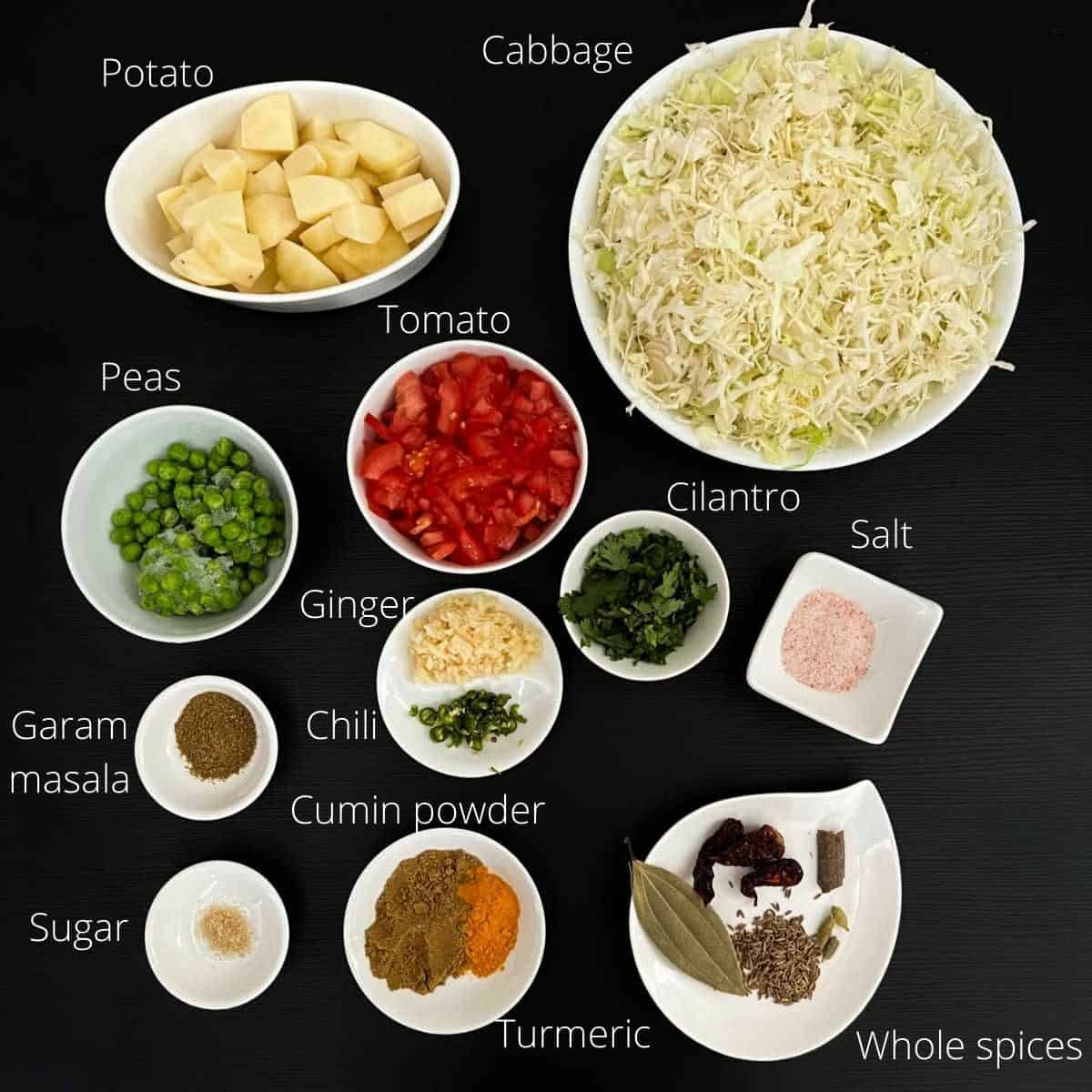 cabbage potato curry ingredients with labels.