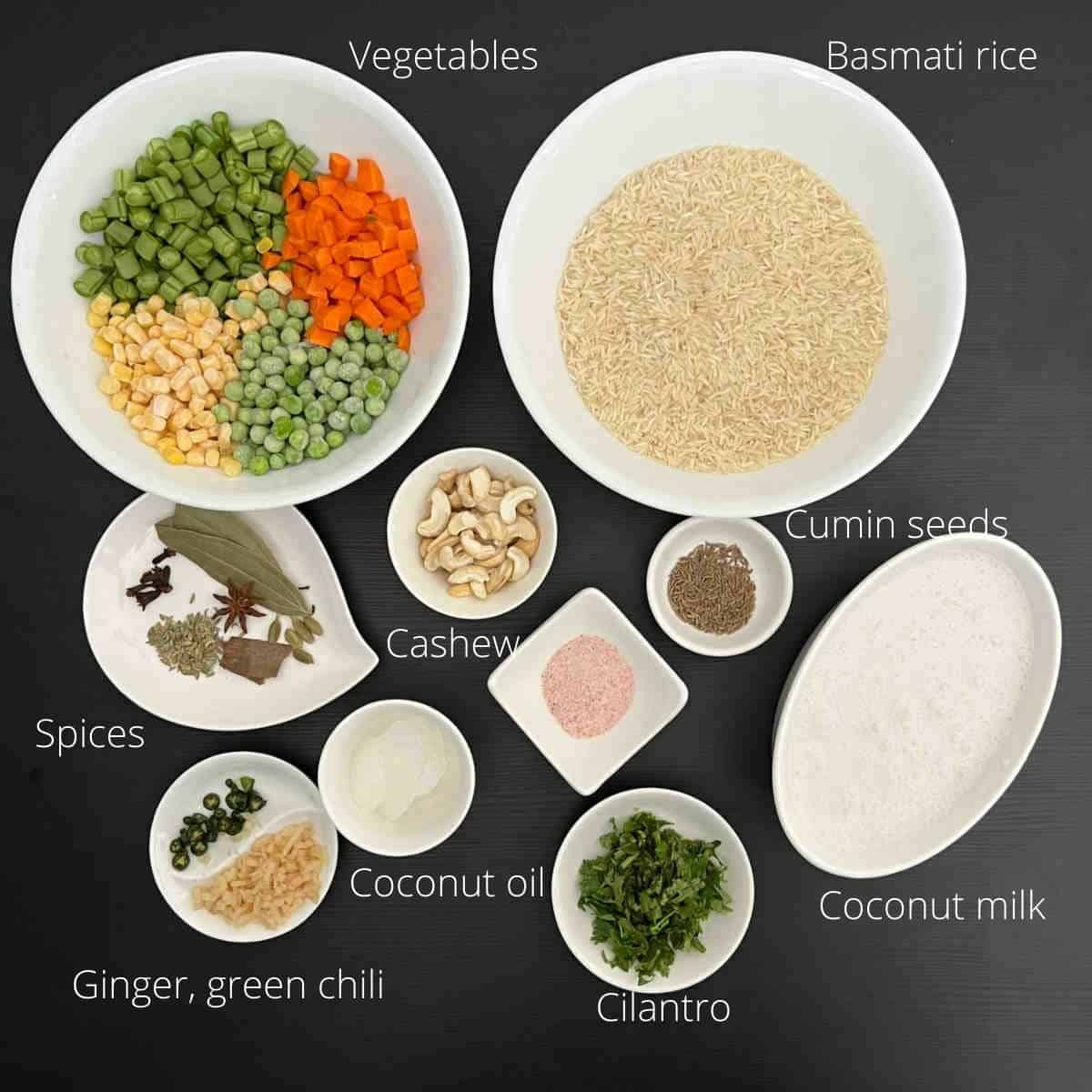 coconut milk pulao ingredients with lables