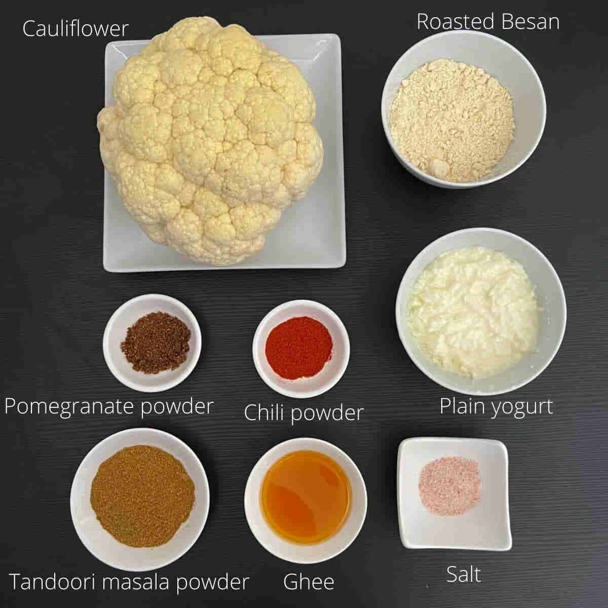 tandoori gobi ingredients with labels.