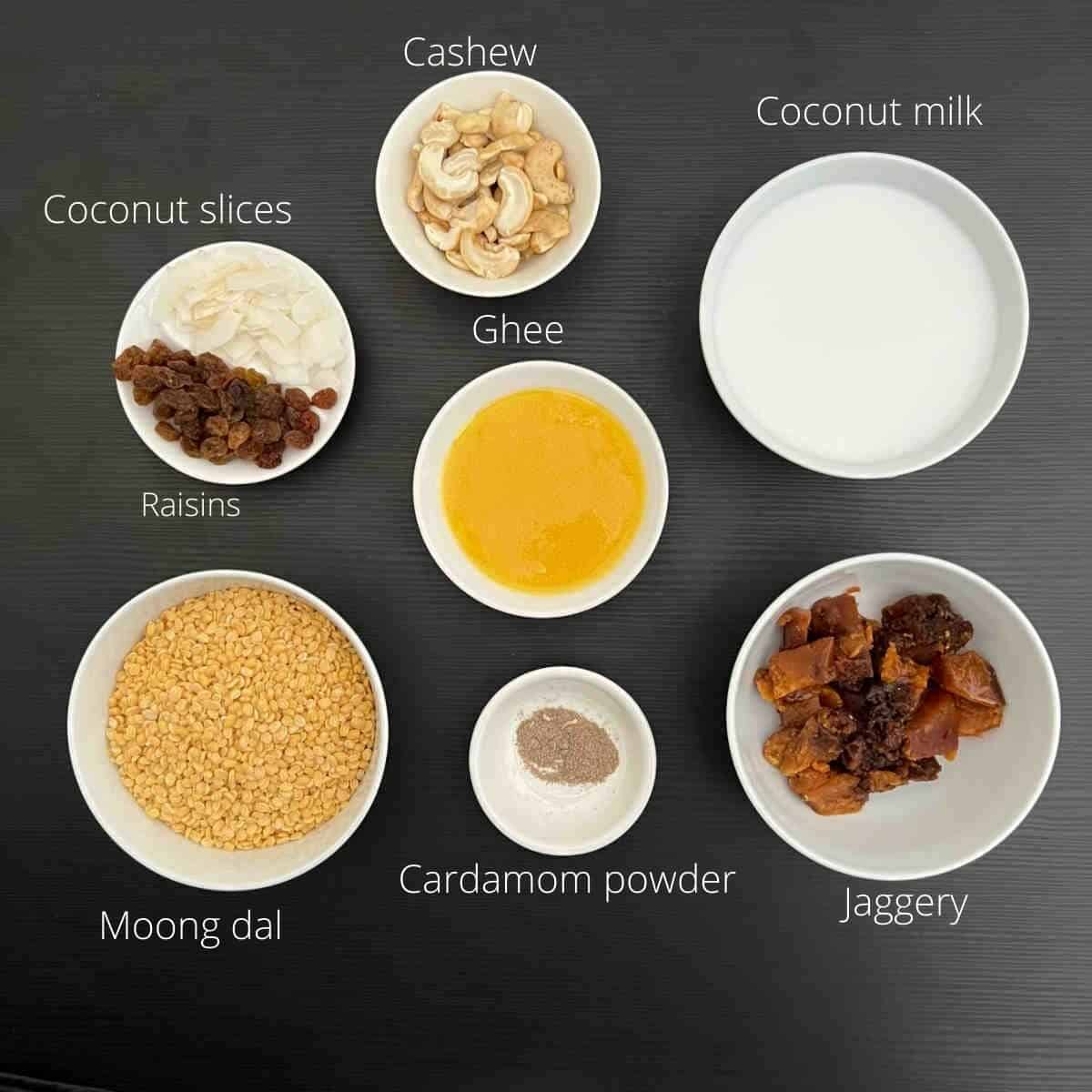 ingredients to make moong dal kheer with labels.