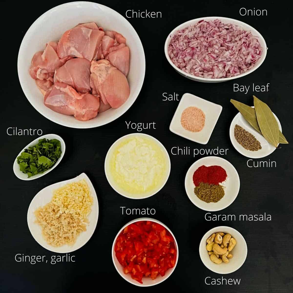 balti chicken ingredients with labels.
