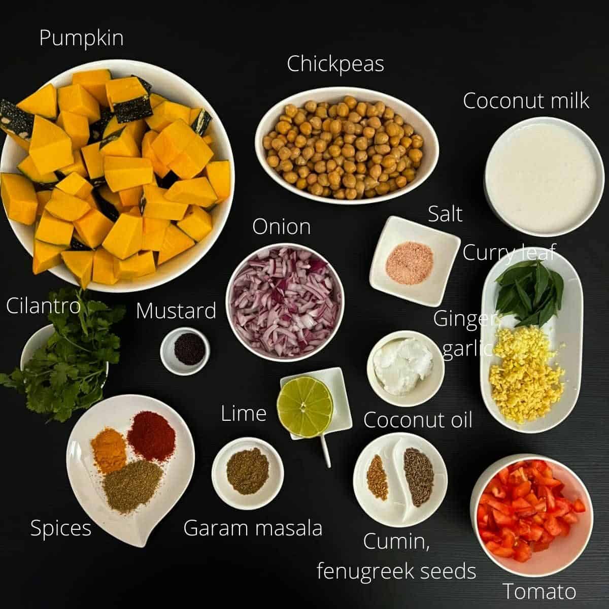 pumpkin chickpeas curry ingredients with labels.