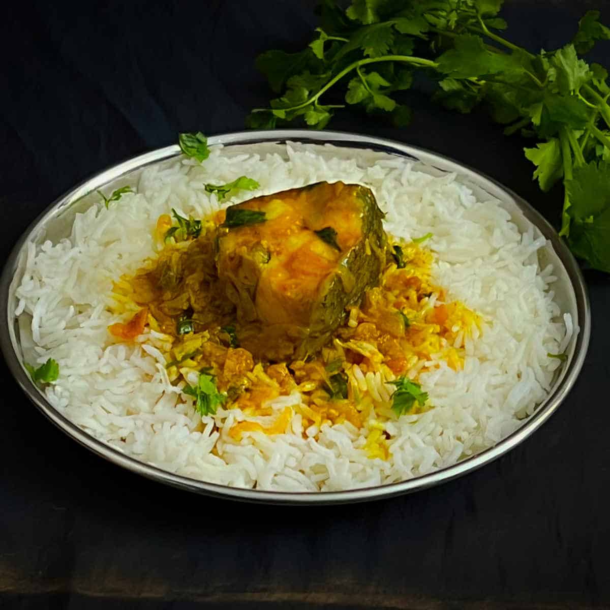 Fish curry served on a bed of basmati rice in a steel plate.