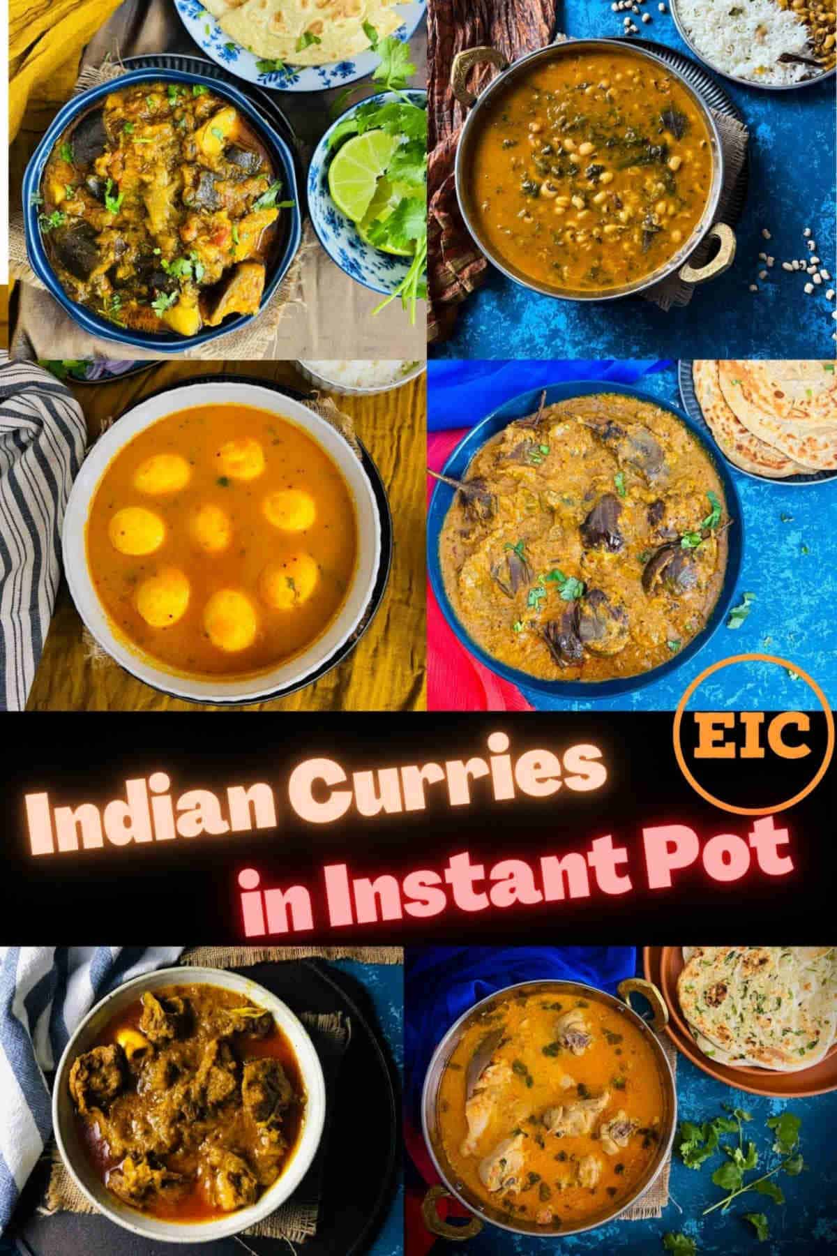 Collage of Indian curries in instant pot.