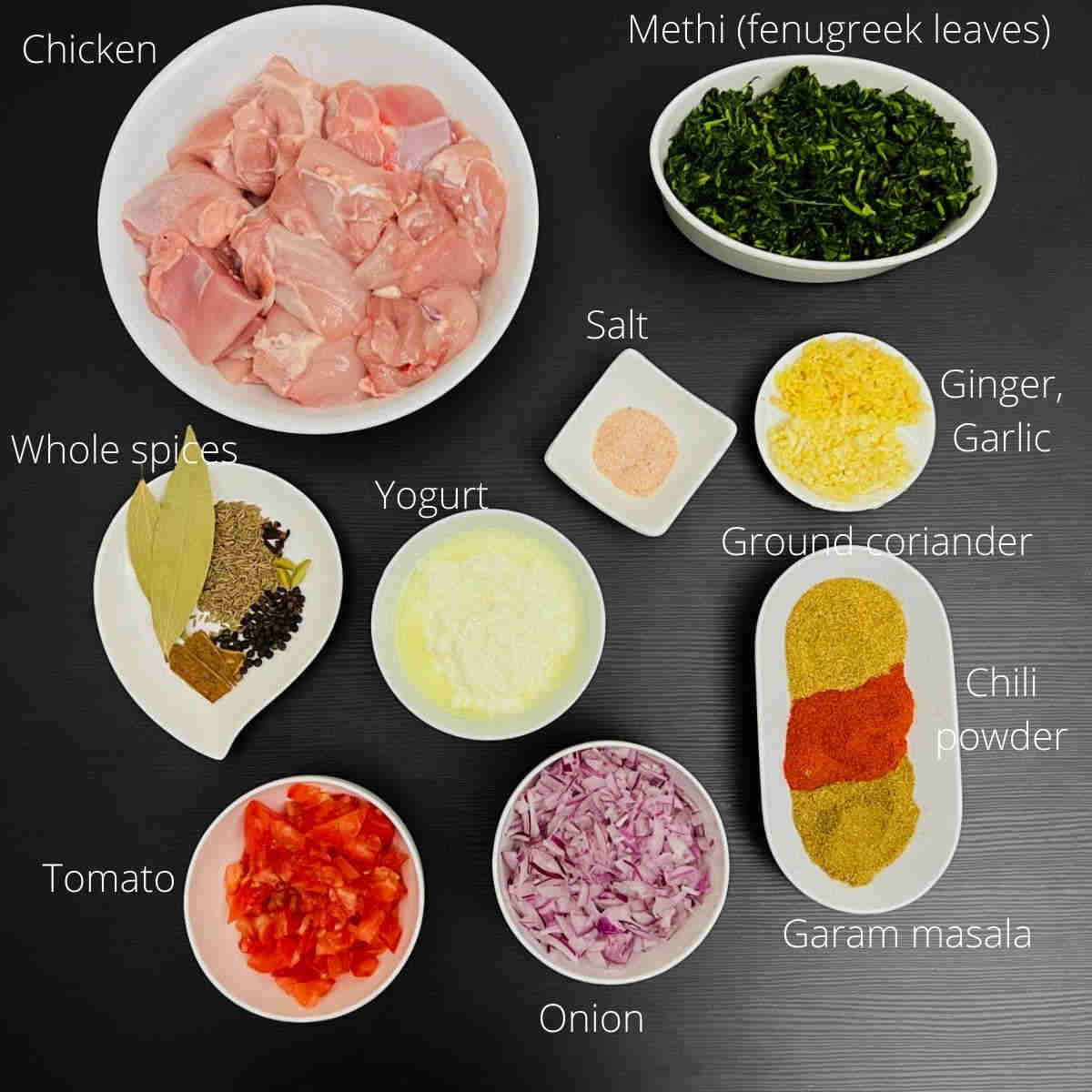 methi chicken ingredients with labels.
