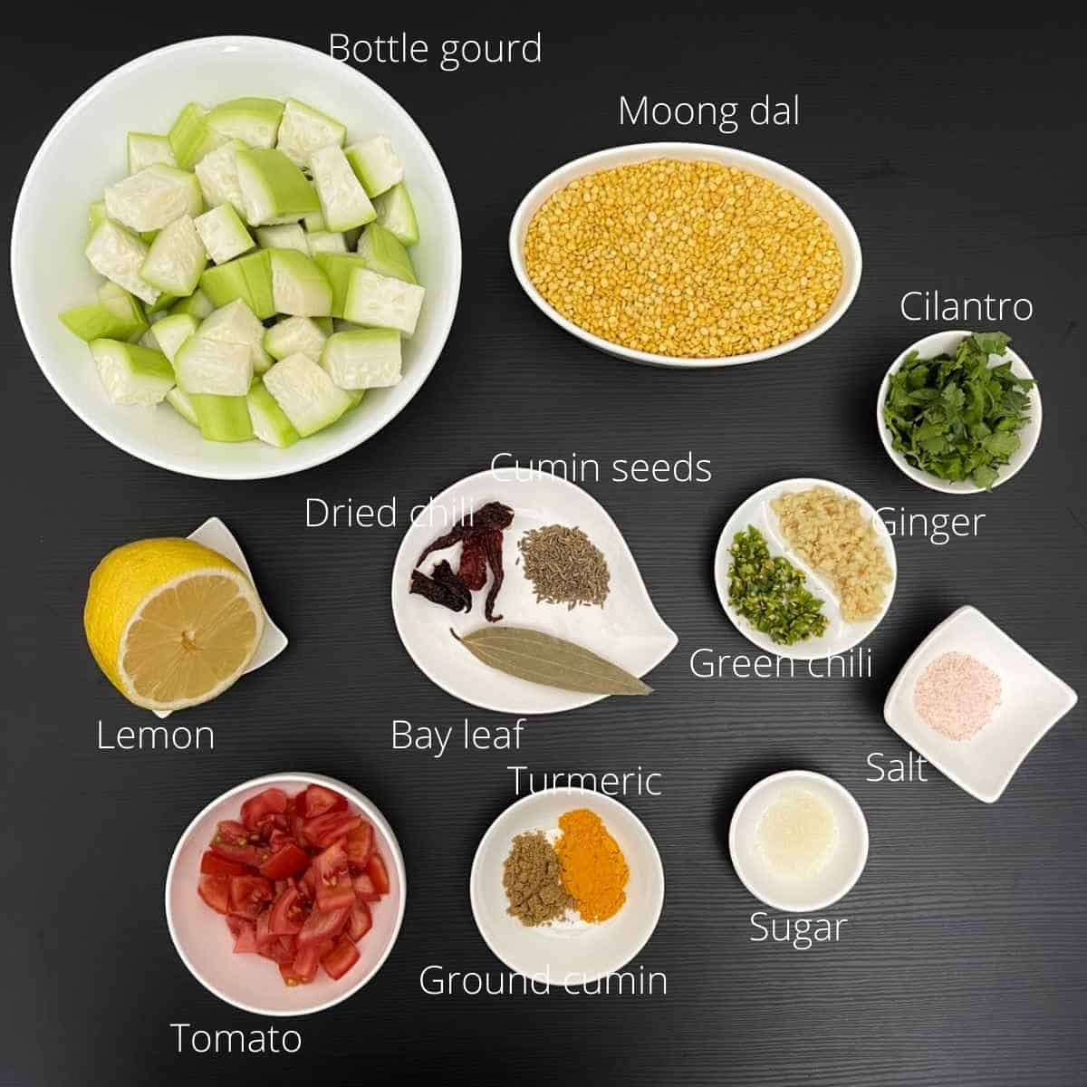 bottle gourd dal ingredients with labels.