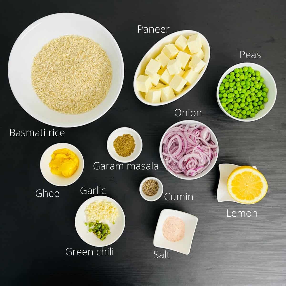 paneer peas pulao ingredients with labels.