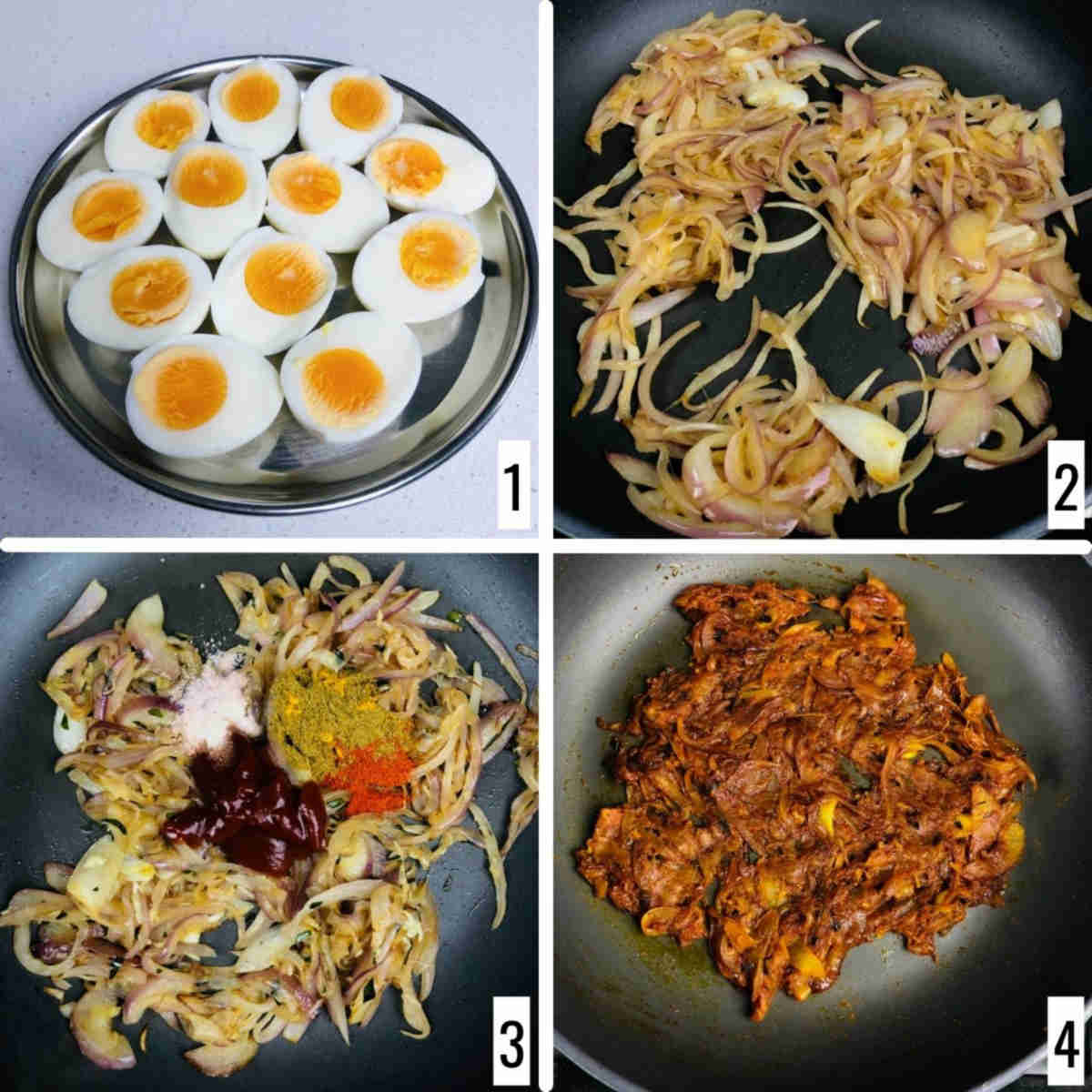 A 4-step collage showing the making of onion masala.