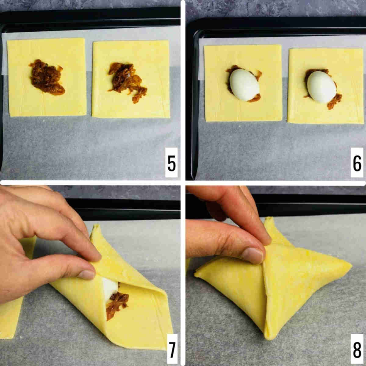 A 4-step collage showing how to fill and seal the puff pastry sheets.