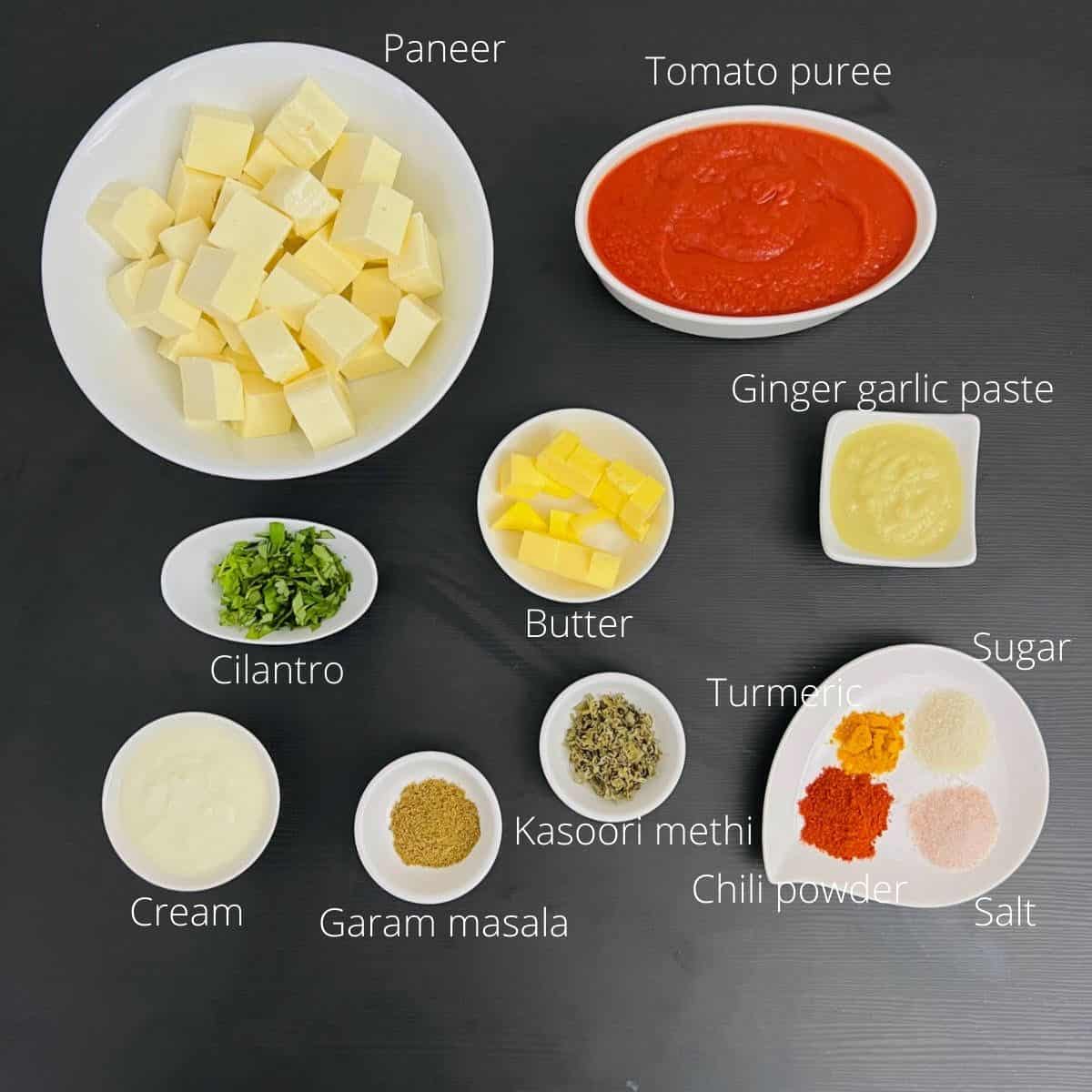 butter paneer ingredients with labels.