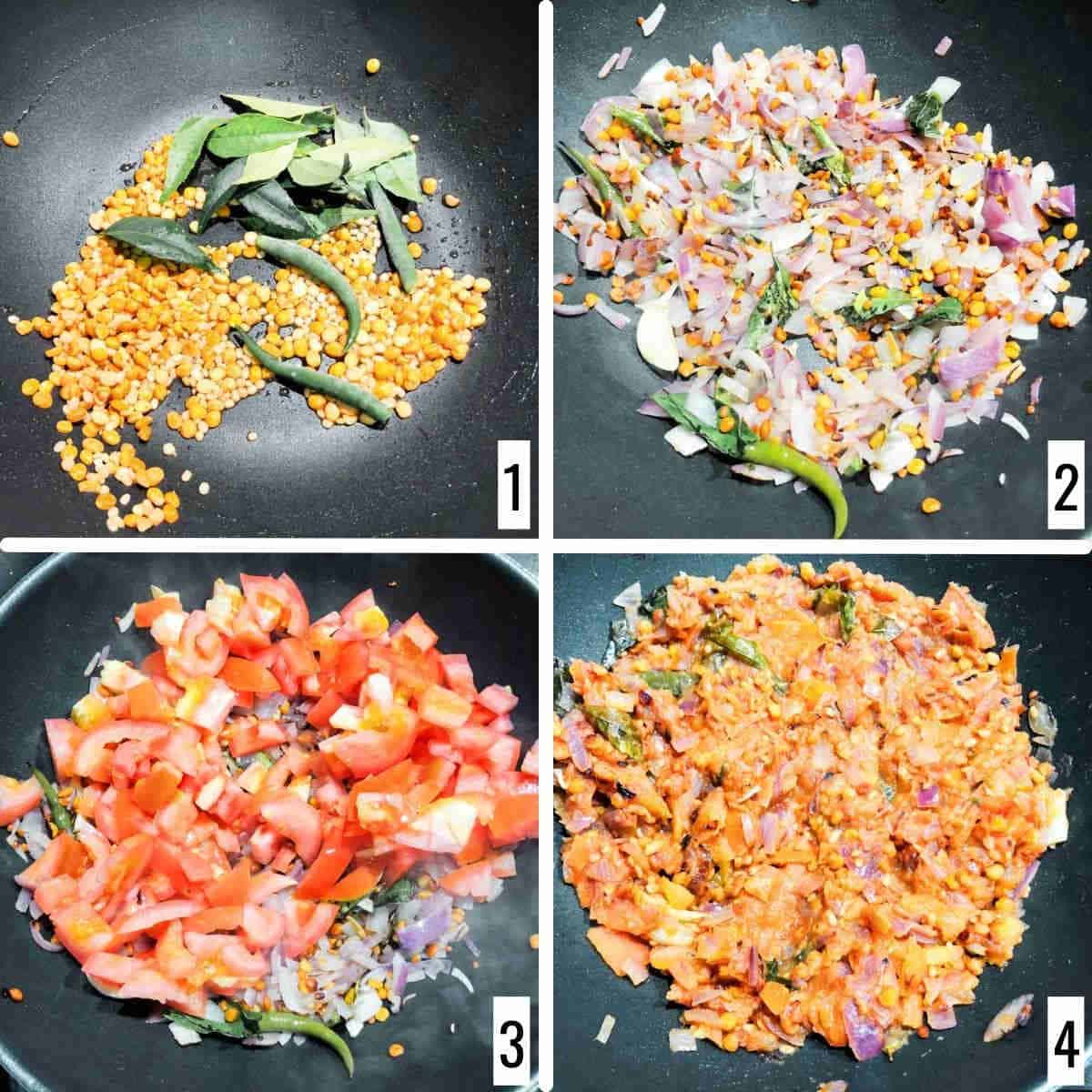 step-by-step photo to cook the lentils and vegetables.