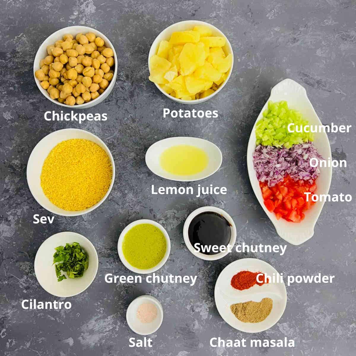 chana chaat ingredients with labels.