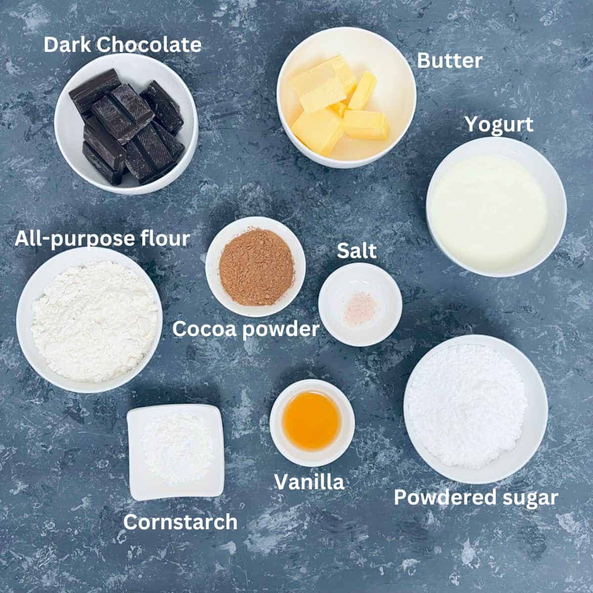 eggless brownie ingredients with labels.