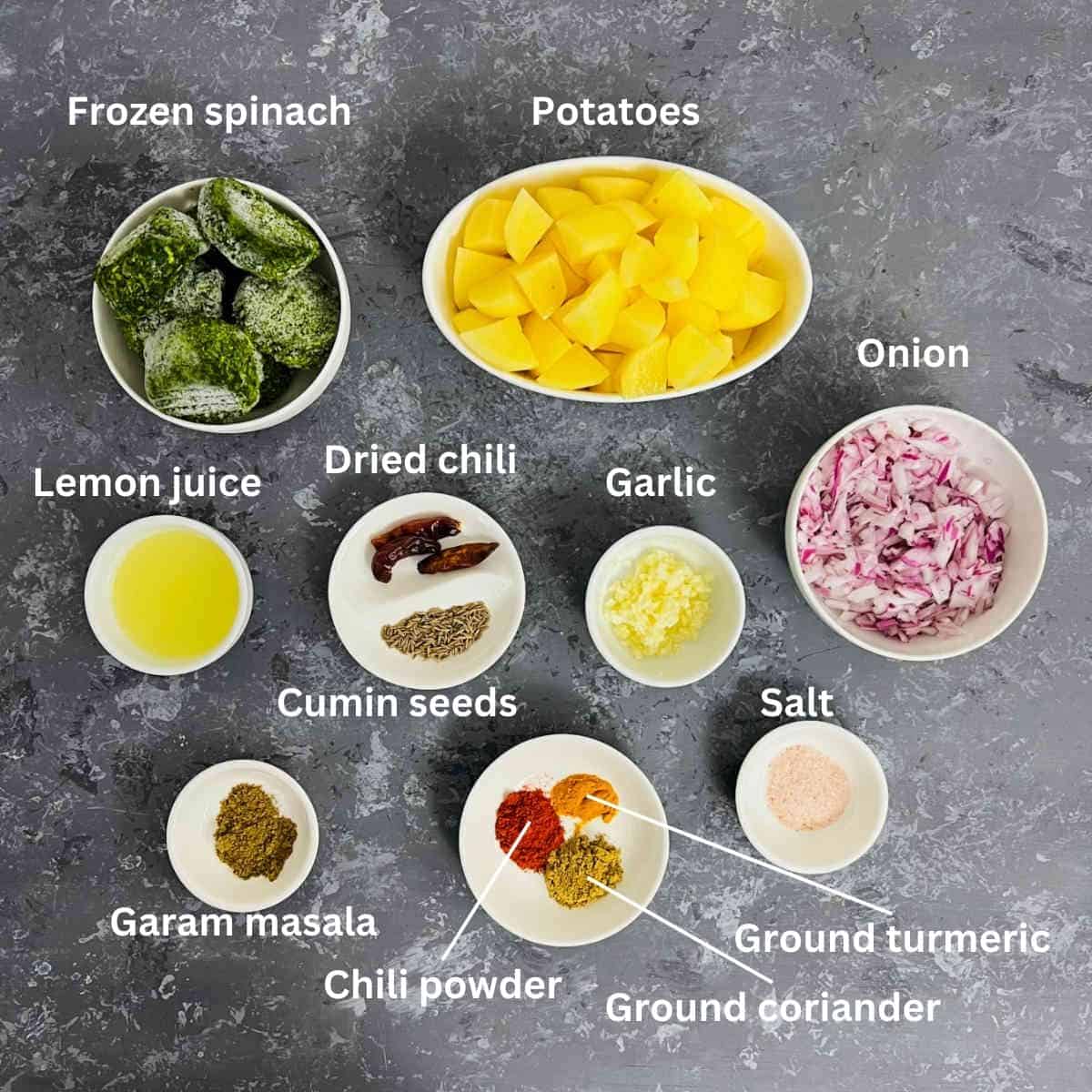 aloo palak ingredients with labels.