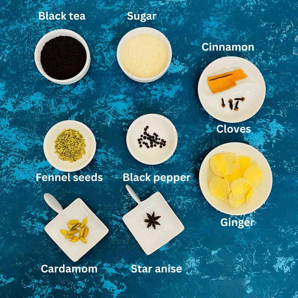 chai concentrate ingredients with labels.