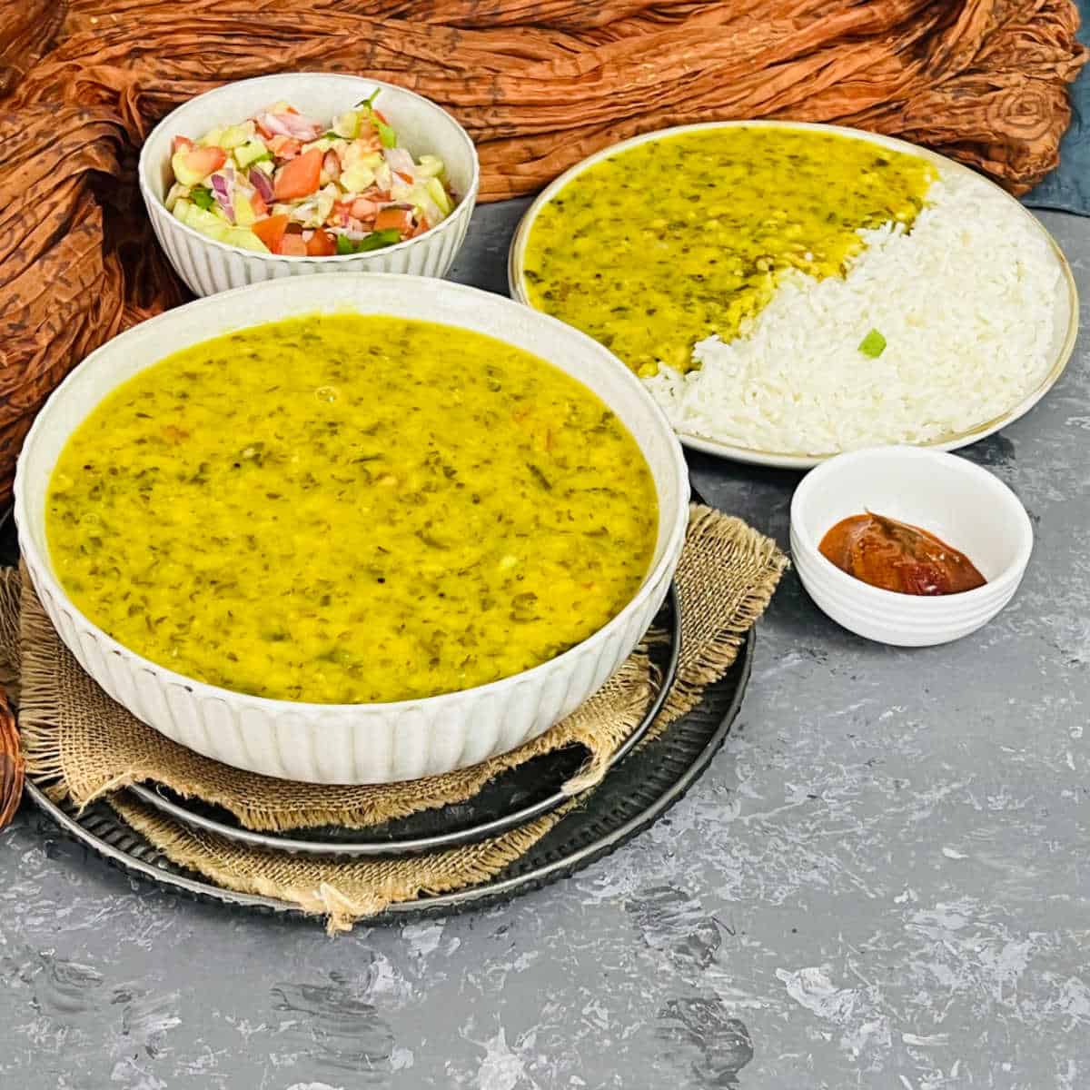 palak dal served with steamed rice.