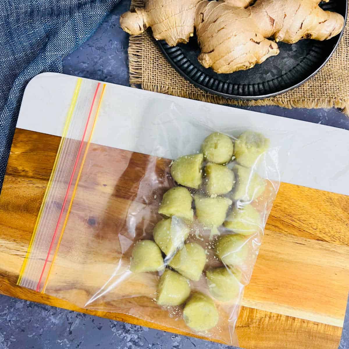 frozen ginger cubes in ziplock pouch.