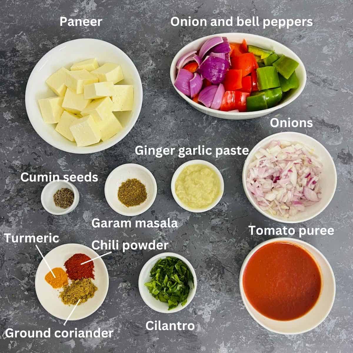 paneer sabzi ingredients with labels.