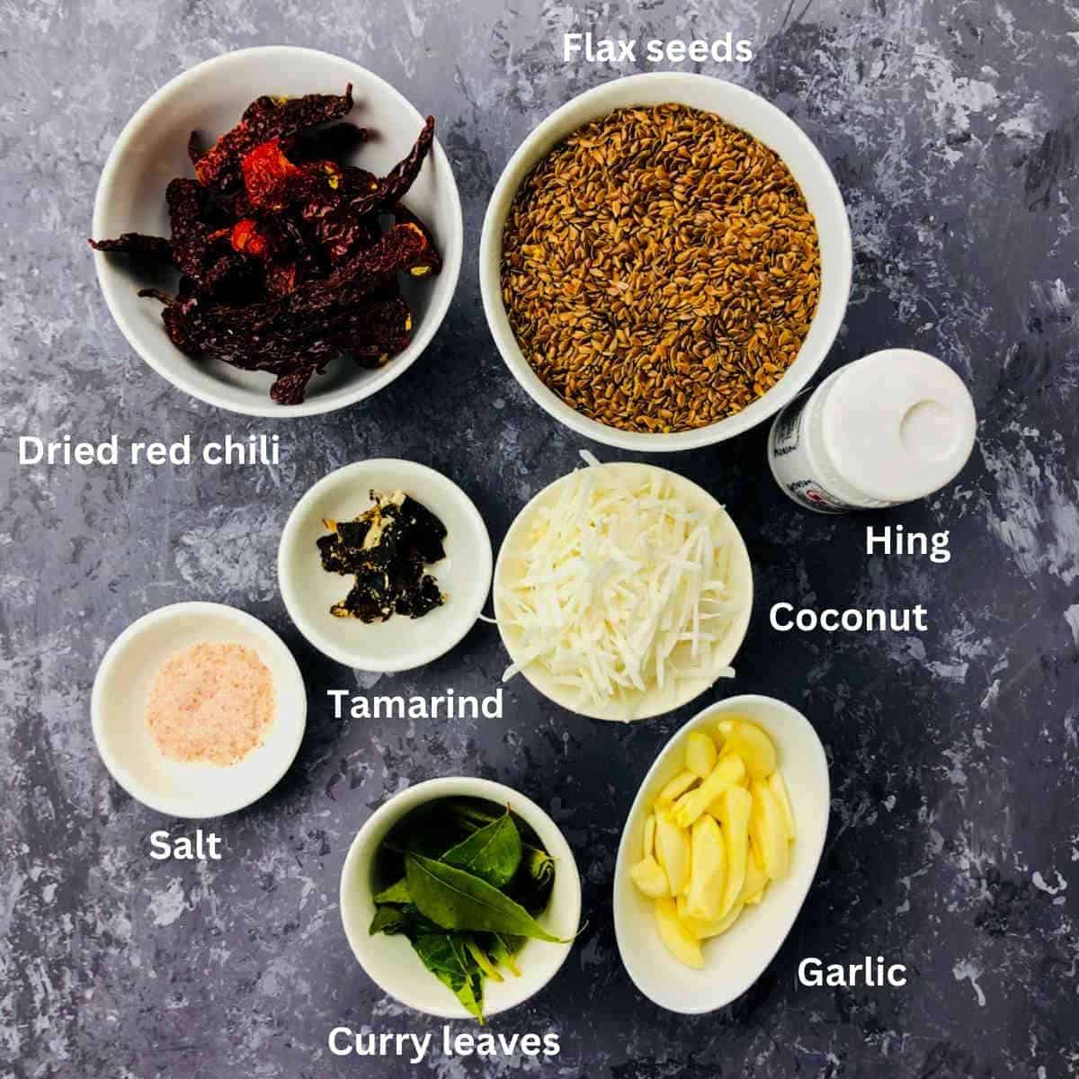 ingredients to make flax seeds chutney powder.