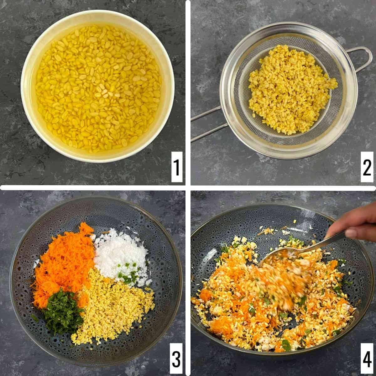 A 4-step collage showing the soaking and draining of moong dal along with mixing the salad ingredients.
