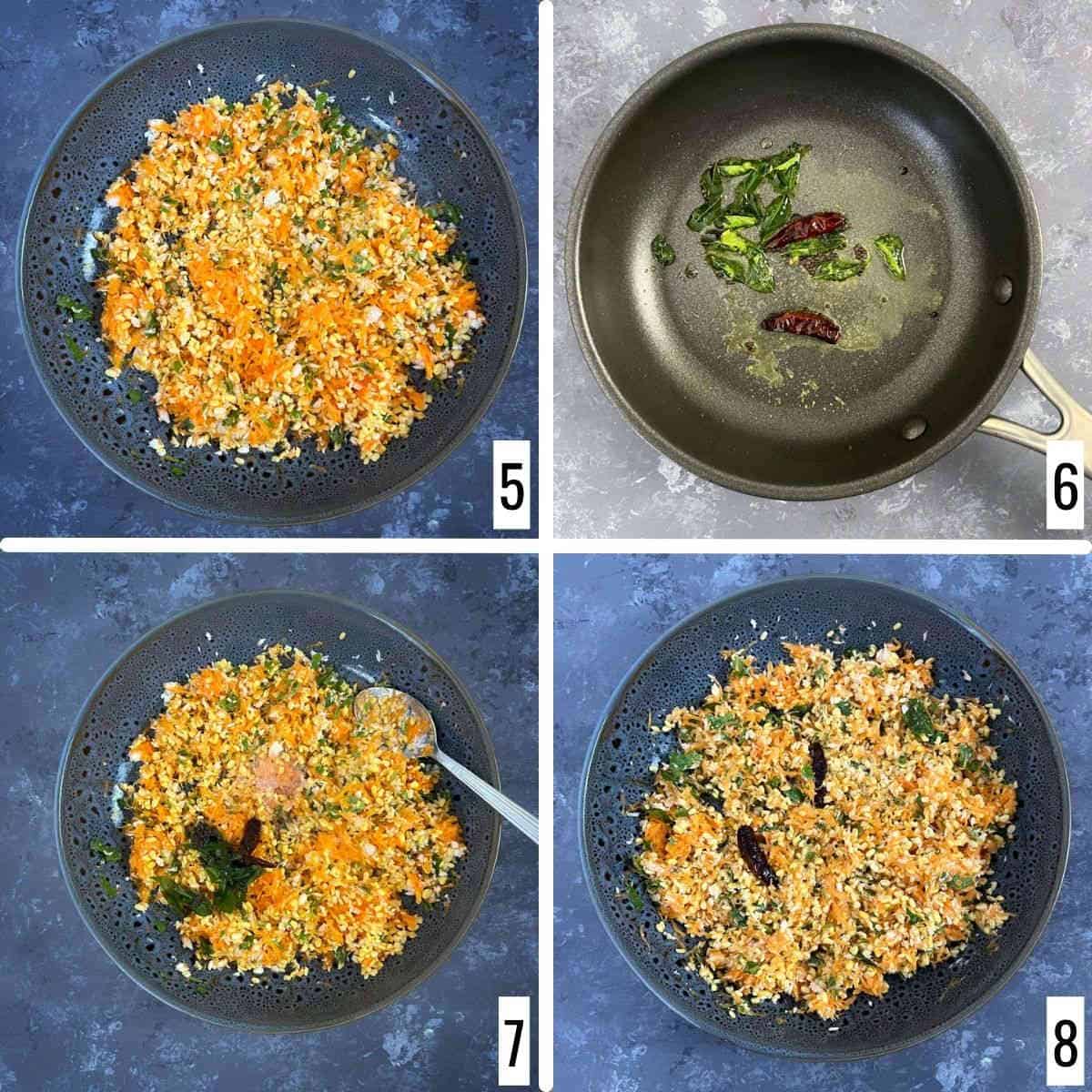 A 4-step collage showing how to make the tempering and combine it with the kosambari salad.