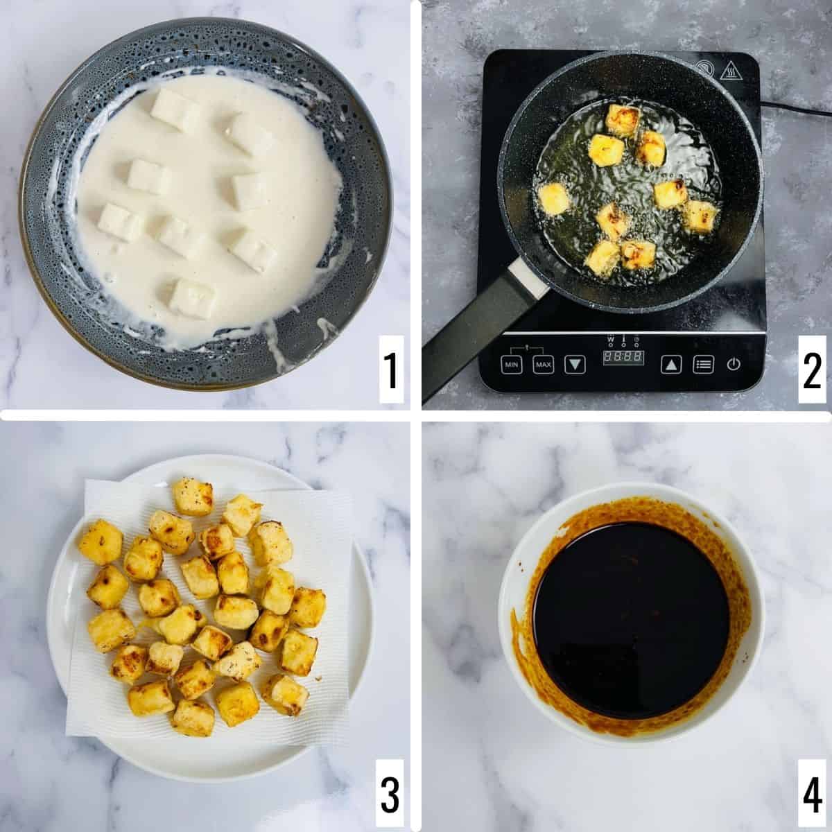 A 4-step collage showing how to make make the batter and deep fry paneer cubes.