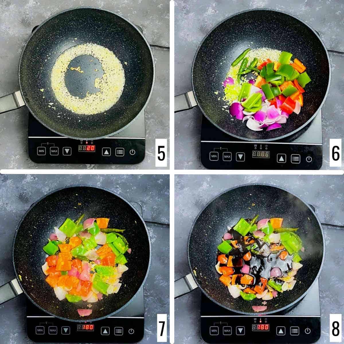 A 4-step collage showing how to fry onion and bell peppers.