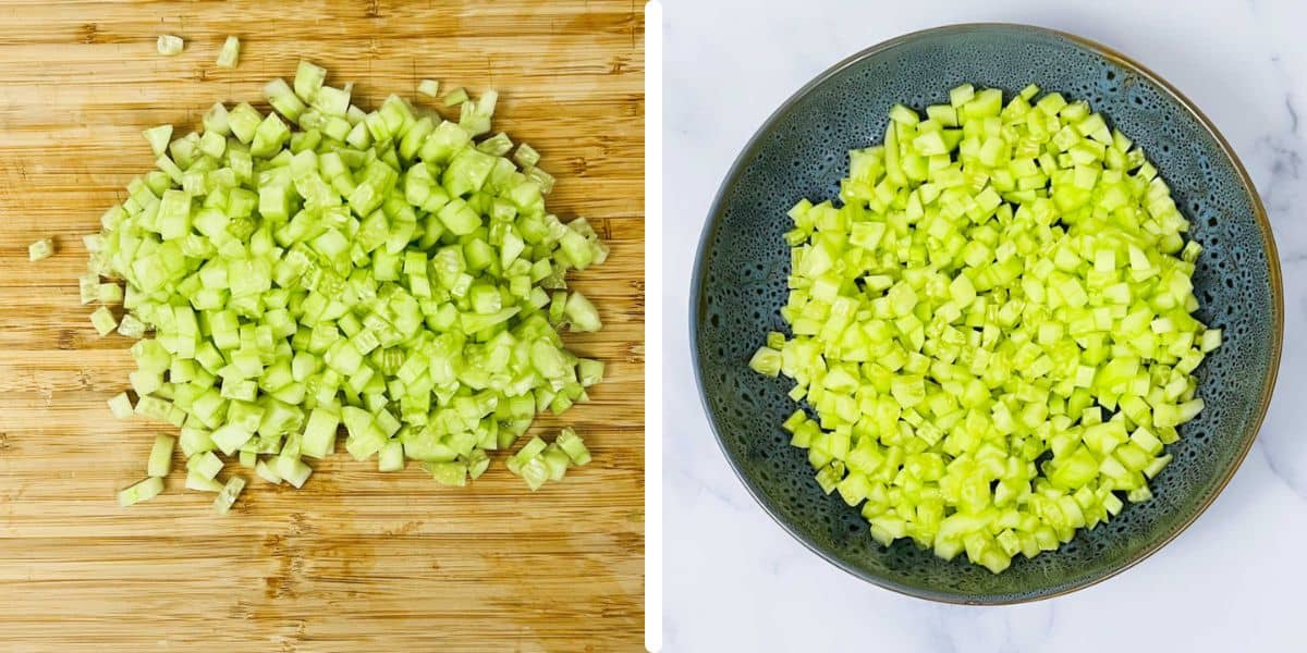 A 2-step collage showing the peeled and chopped cucumber on a wooden board.