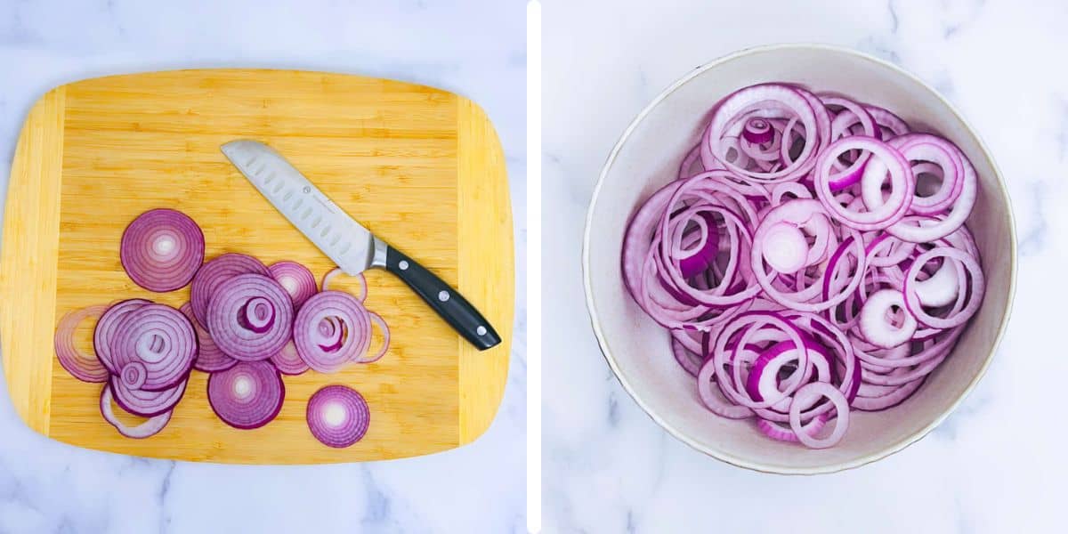 A 2 step-collage showing how to cut the onions for this salad.
