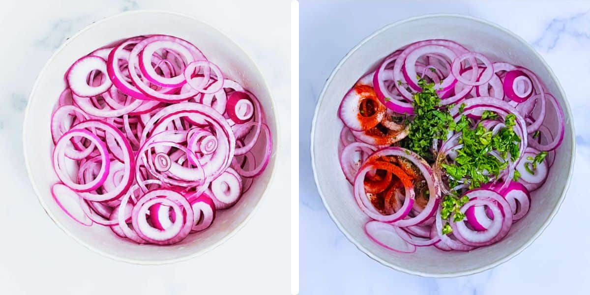 A 2-step collage showing seasoning of the onion with the remaning salad ingredients.