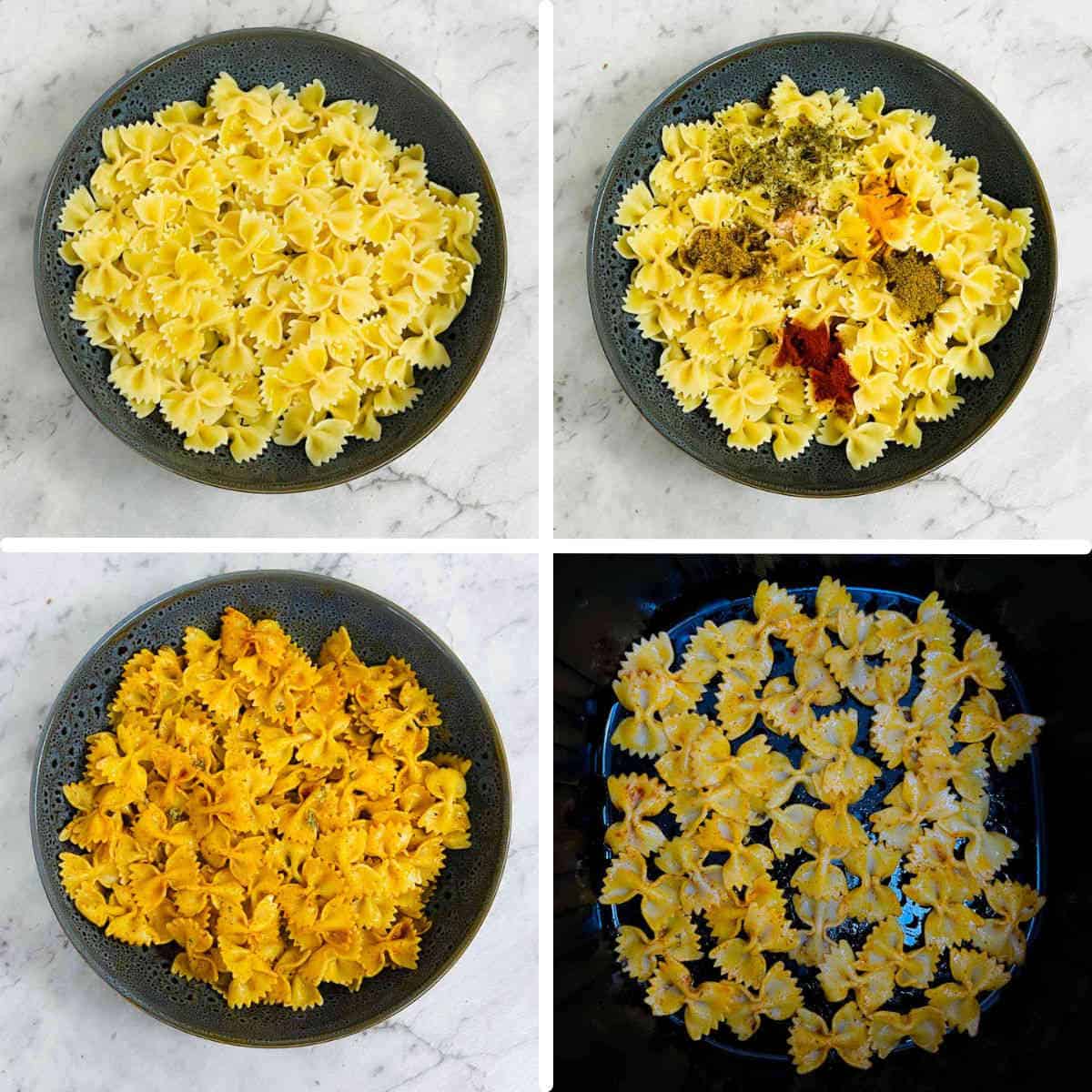 A 4-step collage showing the seasoning of boiled pasta.