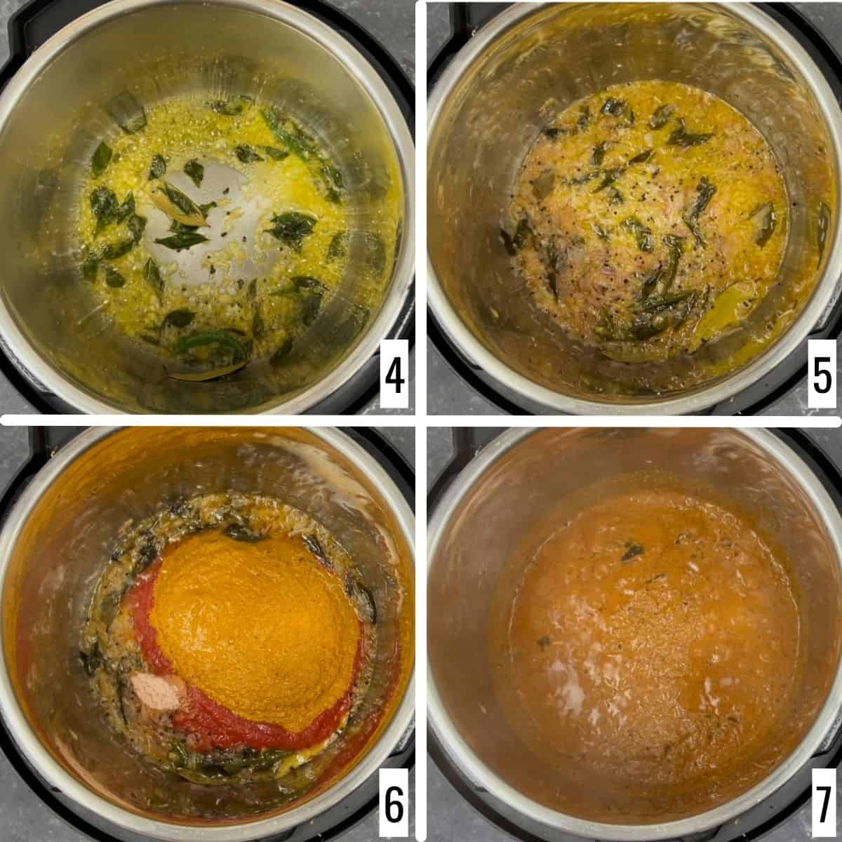 A 4-step collage showing how to make the inital onion base and then fry the prepared masala.