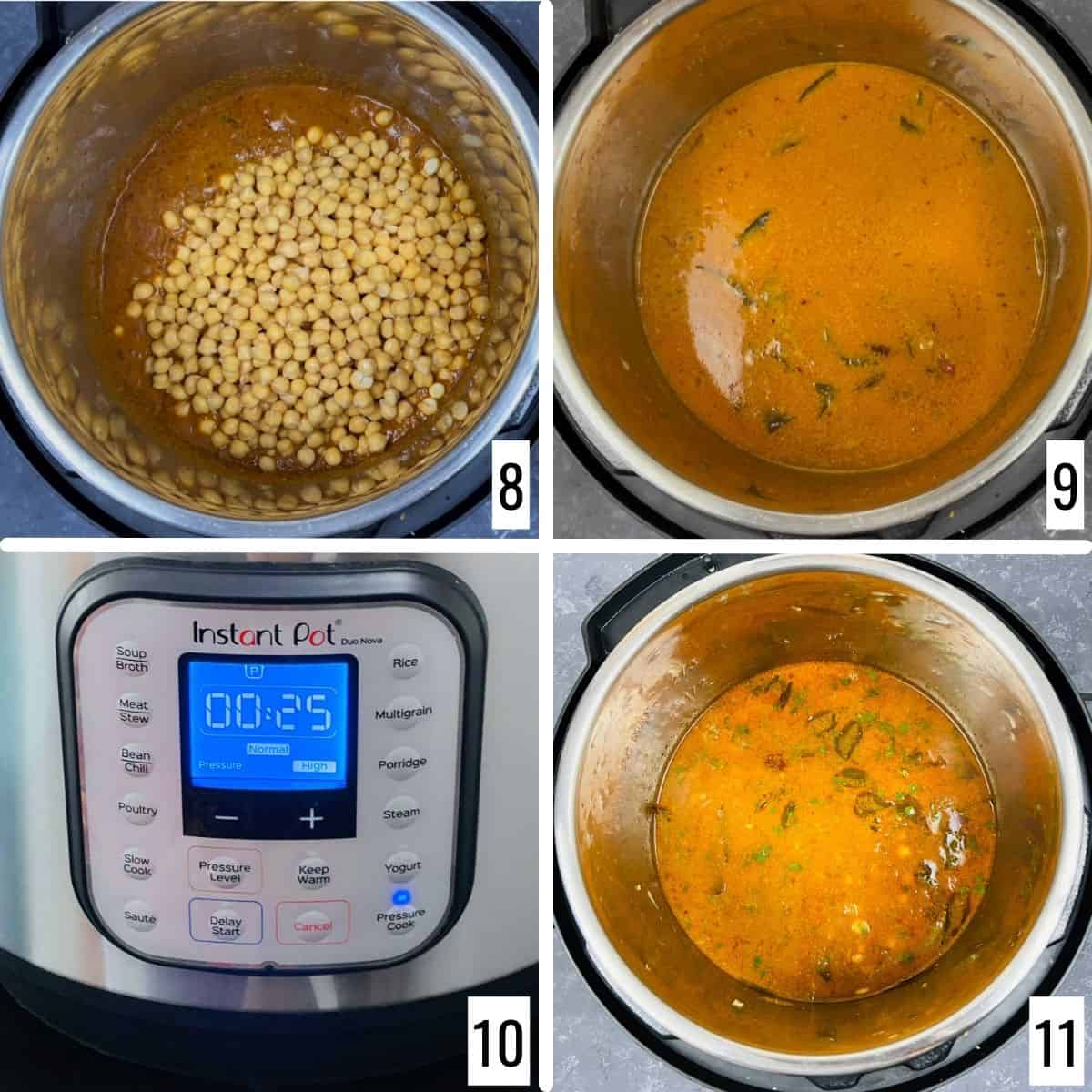 A 4-step collage showing the pressure cooking of chickpeas.