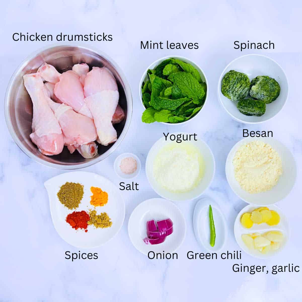 Tangdi kabab ingredients with labels.