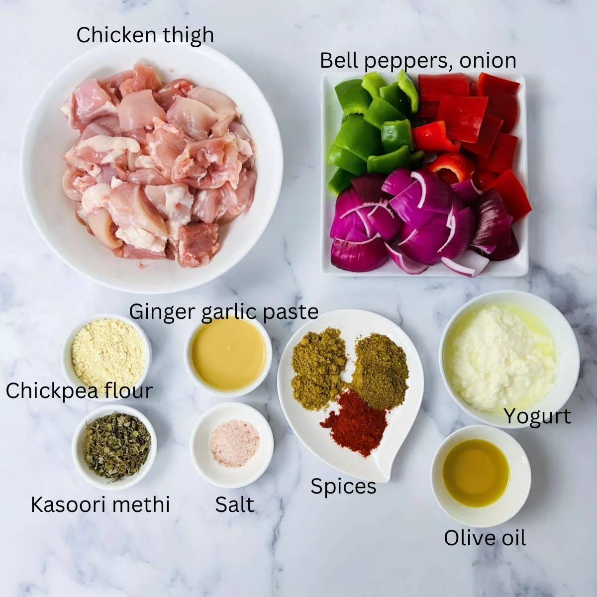 Ingredients to make chicken tikka.
