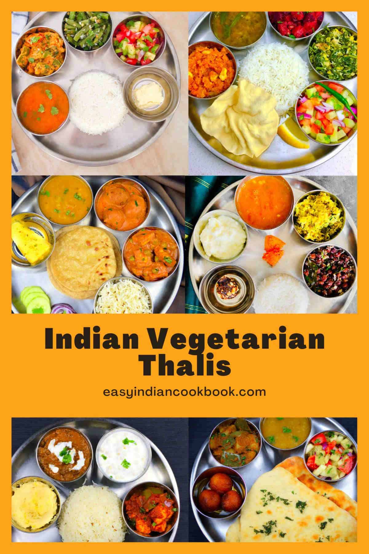 A 6-image Indian vegetarian thali collection.