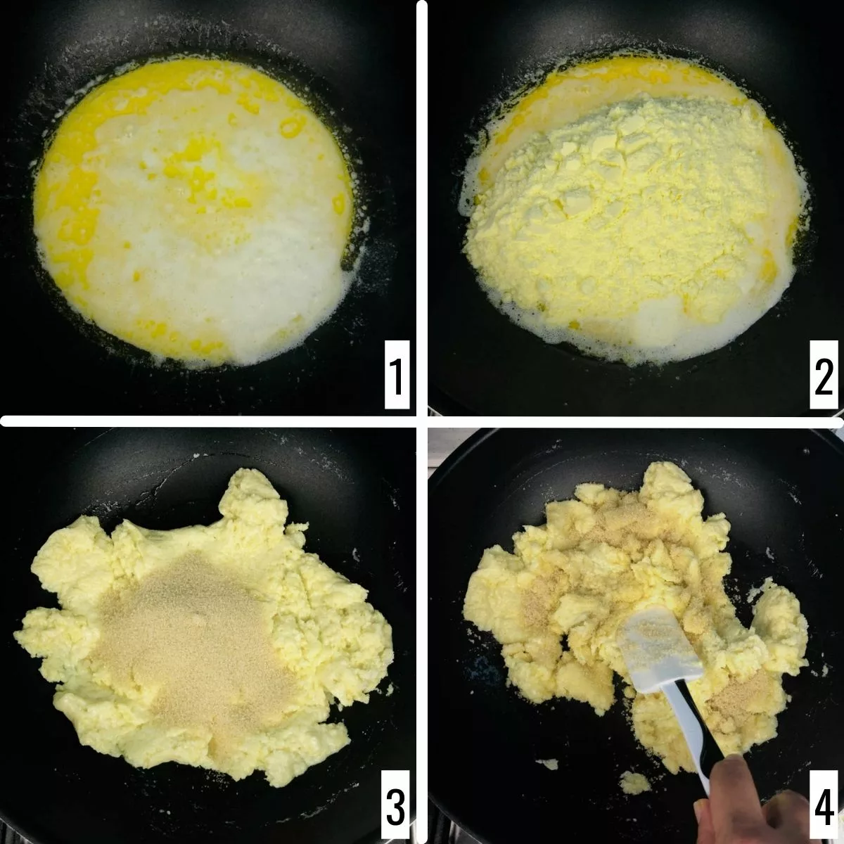 A 4-step collage showing the initial cooking of milk powder and sugar.