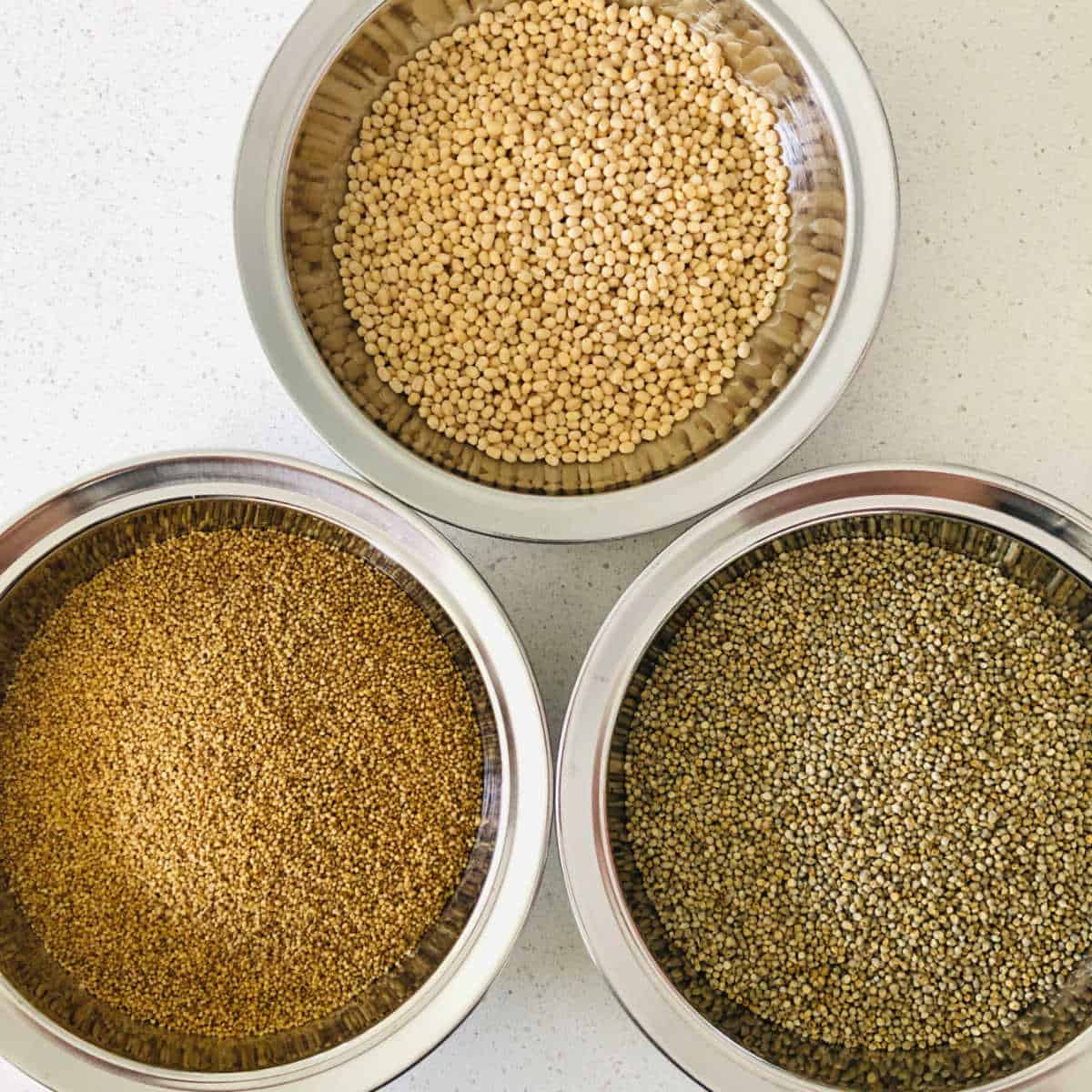 Different varieties of millets and dal.