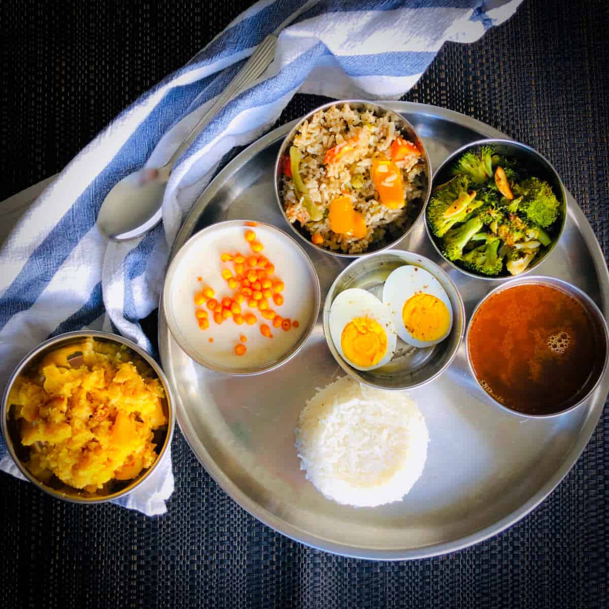 Non vegetarial thali with eggs.