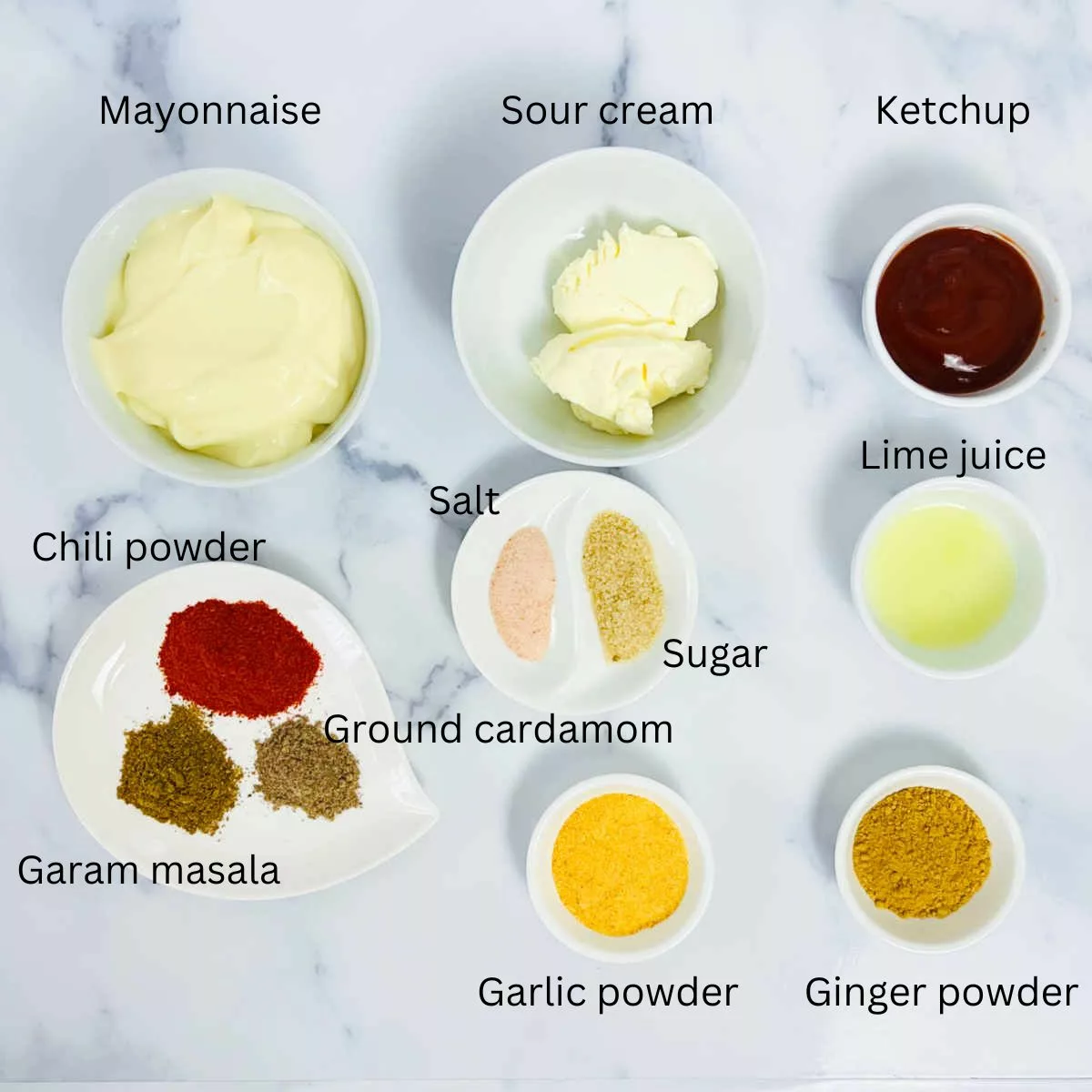 Tandoori mayo ingredients with labels.