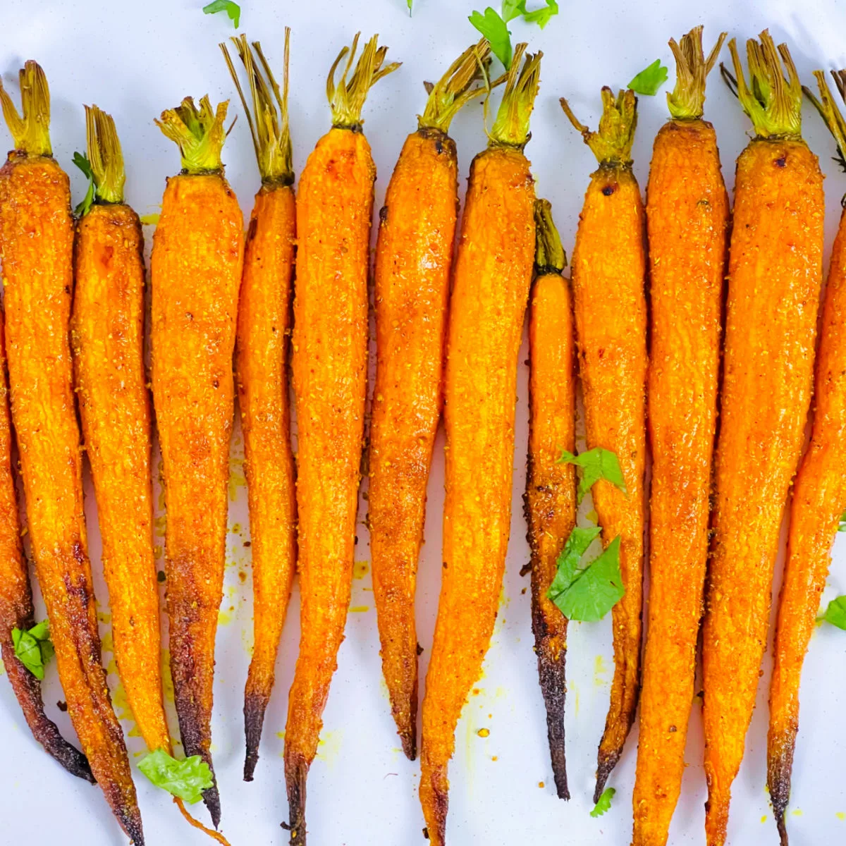 Close up of curried roasted carrots.