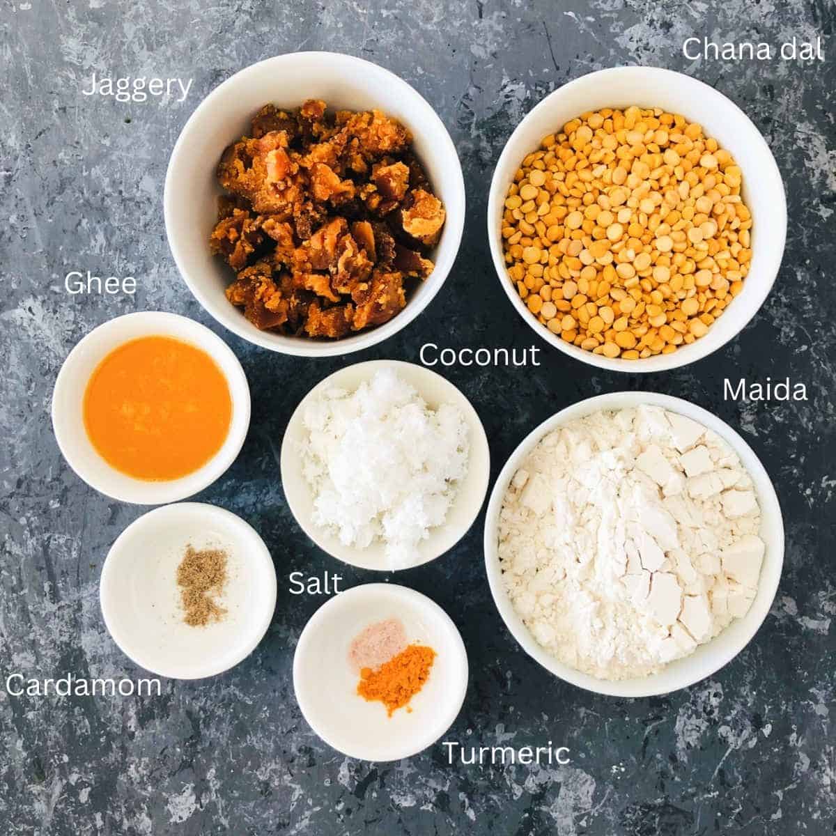 Ingredients to make puran poli or holige.