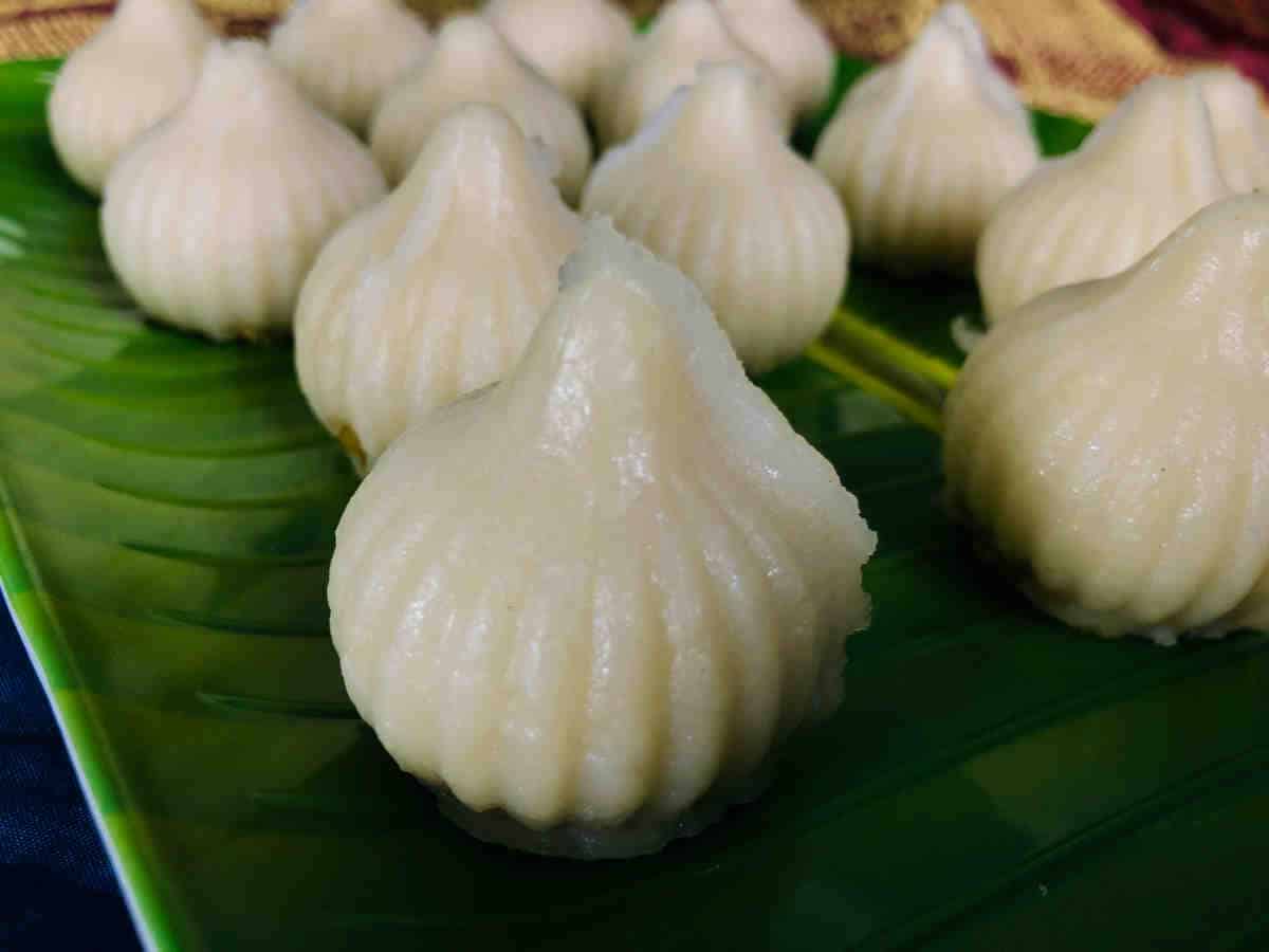 Close up of modak showing the glossy exterior.