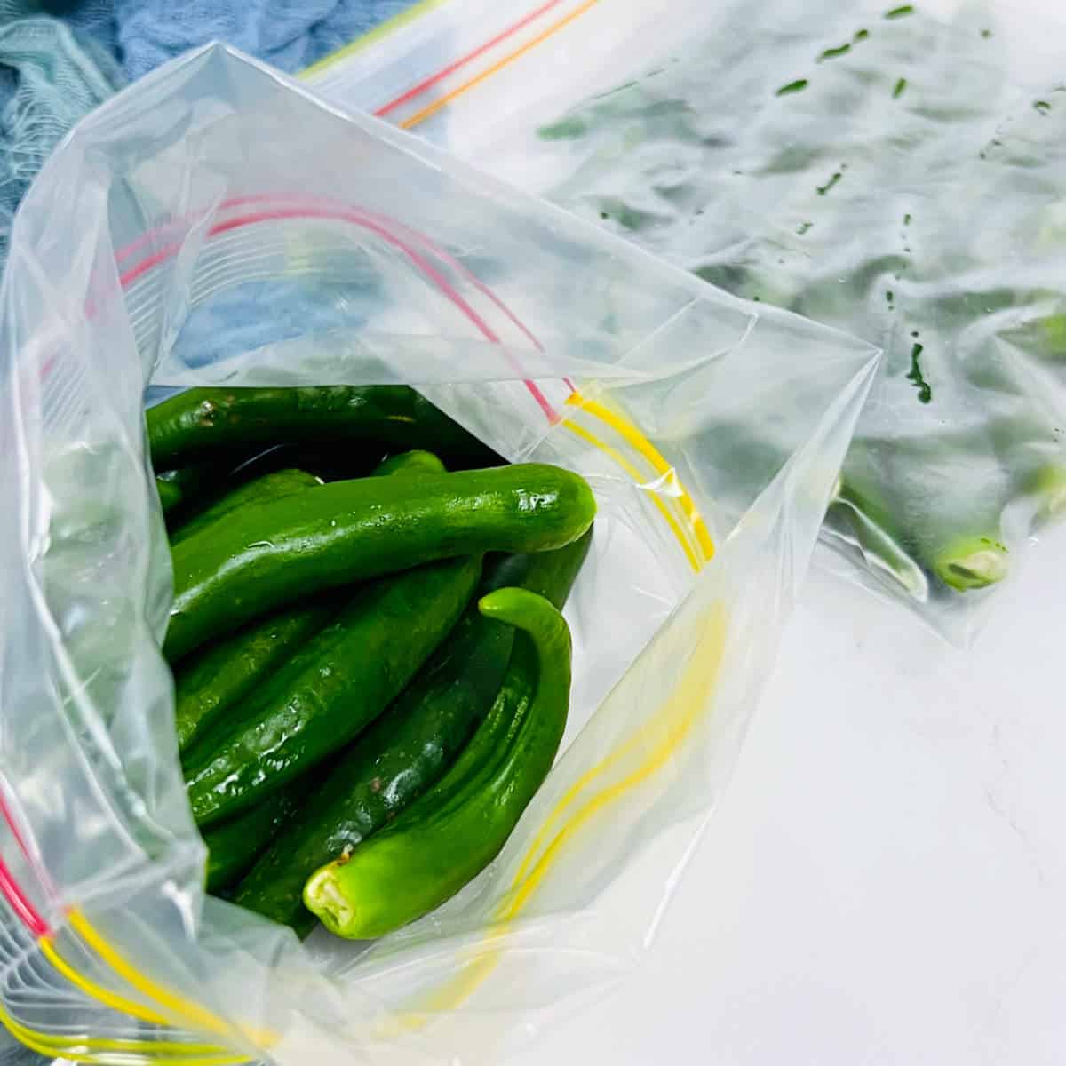Step showing ow to store green chili peppers in a ziplock bag.