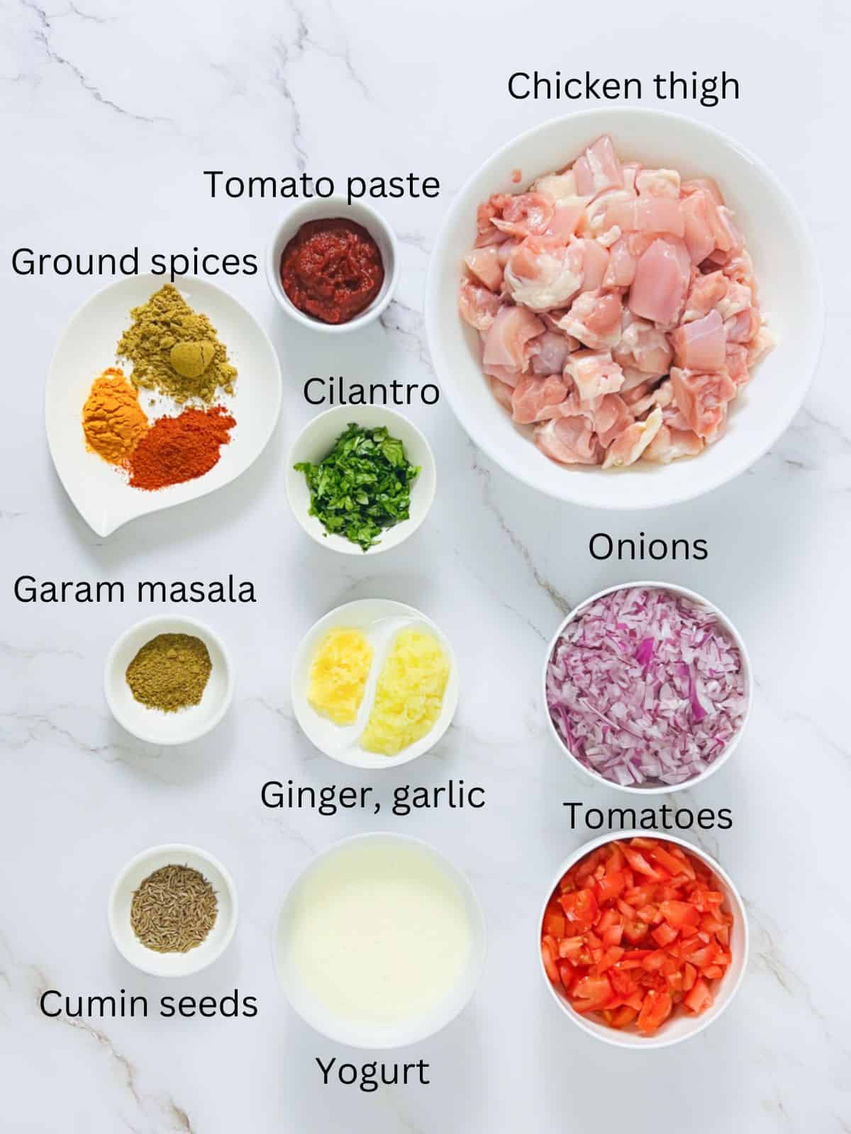Ingredients to make chicken masala.