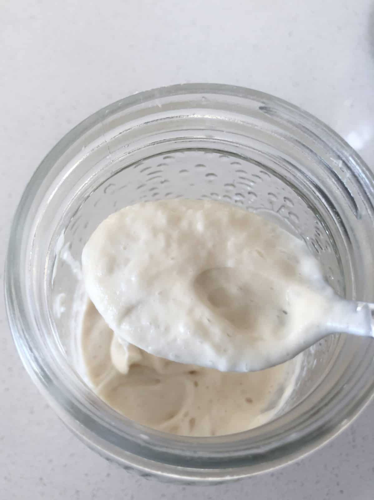 Creamy and smooth sourdough starter in a smooth to show the final texture.
