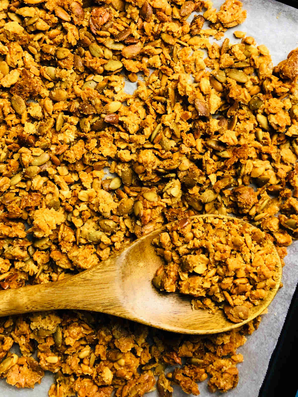 Sourdough granola on a baking tray.